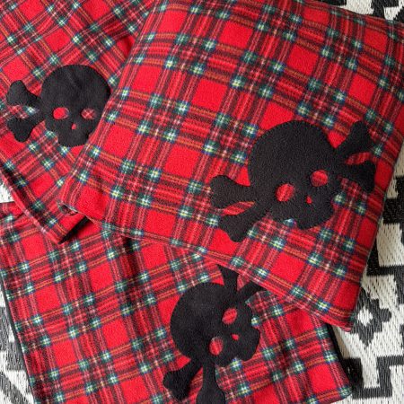 Pre-Made Red Tartan Fleece 45x45cm Cushion Cover with Handsewn Skull Appliqué
